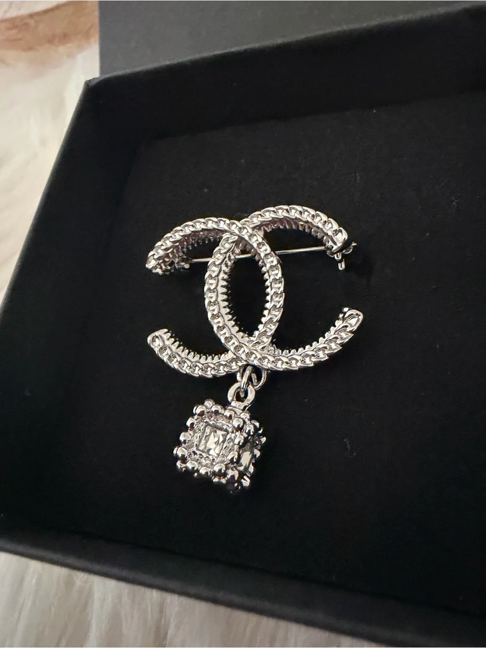 CHANEL Silver Crystal CC Logo Pendant Brooch